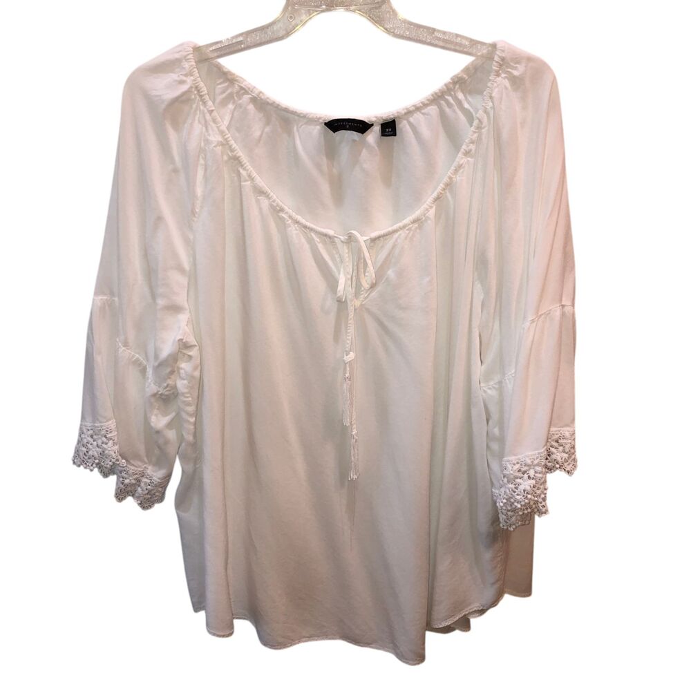 Investments II Womens 3X White Boho Peasant Blouse Tie Neck Lace Bell Sleeve Top